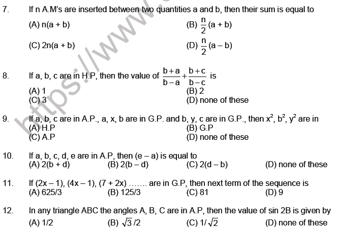 JEE Mathematics Sequence And Series MCQs Set A, Multiple Choice Questions